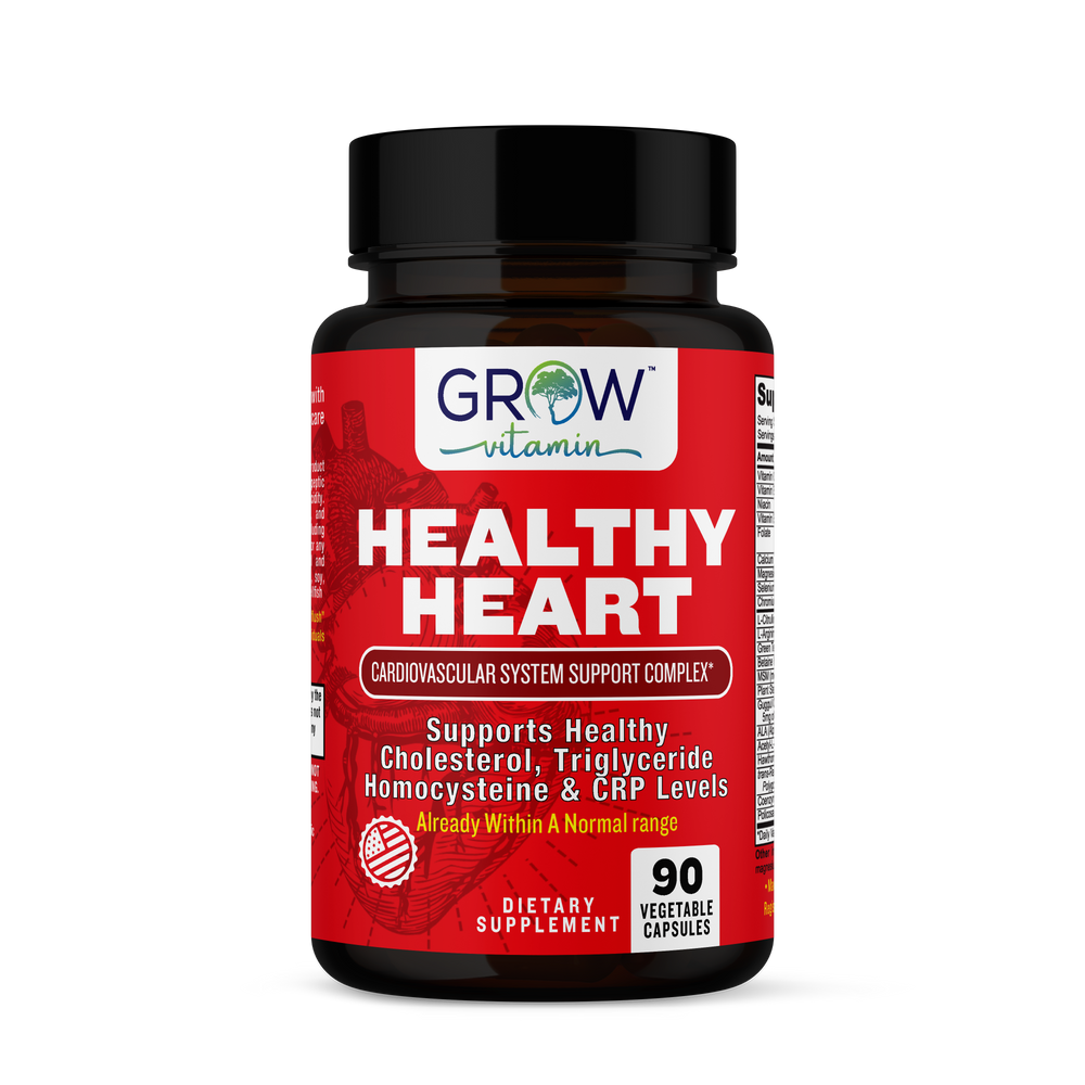 Supplement bottle labeled 'Healthy Heart' by Grow Vitamin on a white background