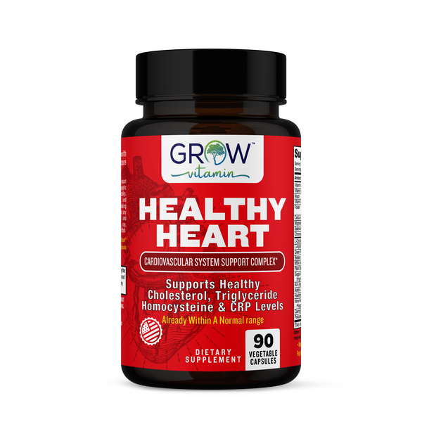 Supplement bottle labeled 'Healthy Heart' by Grow Vitamin on a white background