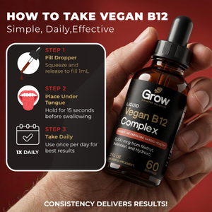 Hand holding a bottle of 'Grow' Liquid Vegan B12 Complex with usage instructions on a how to take liquid drops vitamins