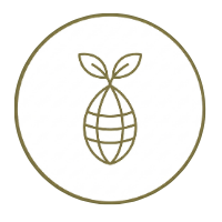 Logo with a stylized leaf and berry in a circular outline on a white background