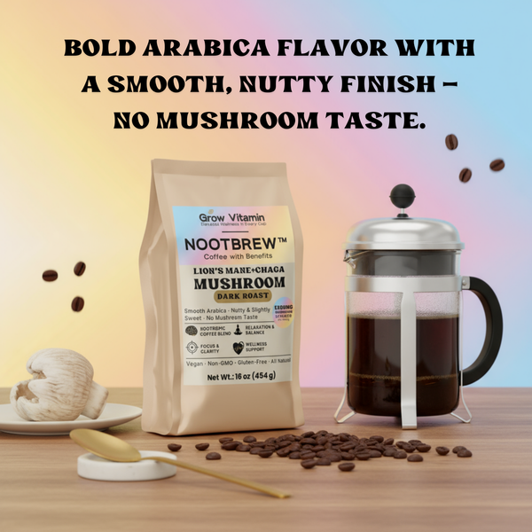 Nootbrew coffee package with a French press and coffee beans on a wooden surface.