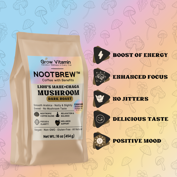 Nootbrew mushroom coffee package with benefits text on a colorful background