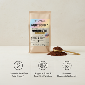 Nootbrew mushroom coffee package with a spoonful of ground coffee on a light background