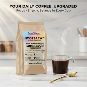 Grow Vitamin Nootbrew coffee package with a cup of coffee on a kitchen counter.