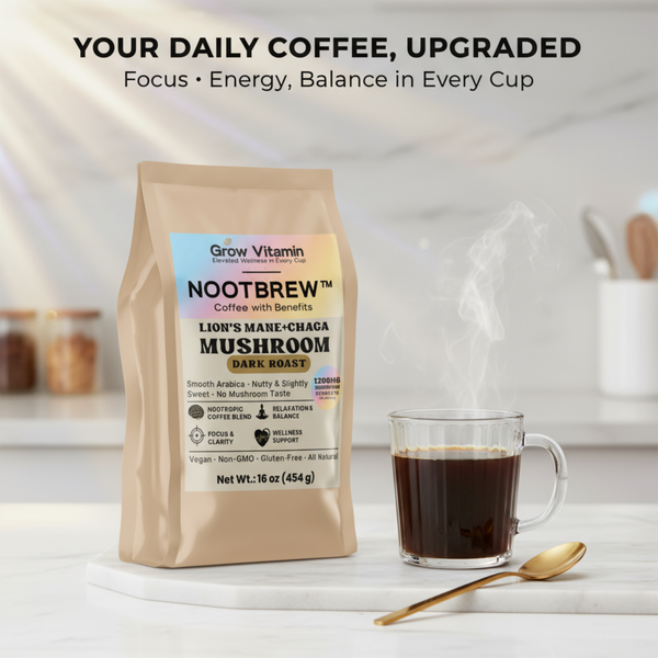 Grow Vitamin Nootbrew coffee package with a cup of coffee on a kitchen counter.