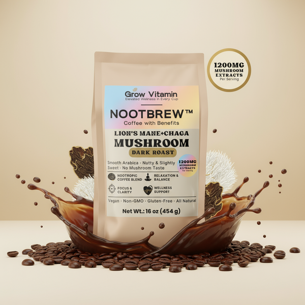Nootbrew mushroom coffee package with splashing coffee and visible ingredients on a beige background