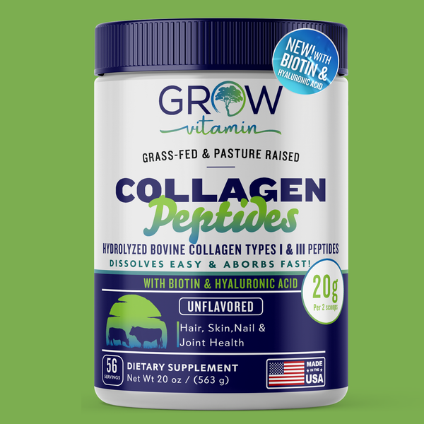 Container of Grow Vitamin collagen peptides on a green background