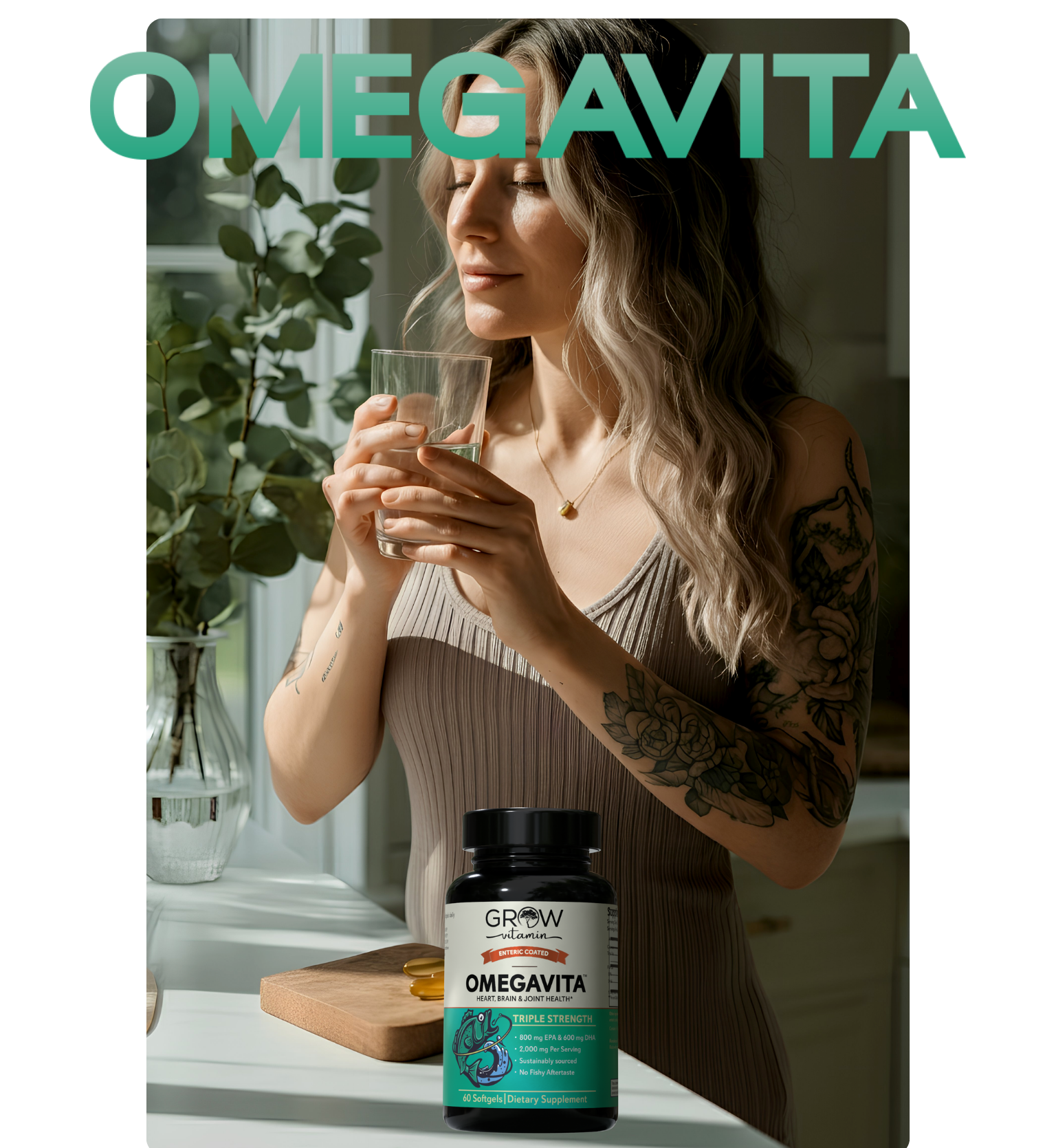 Woman holding a glass of water with Omegavita supplement bottle on a table.