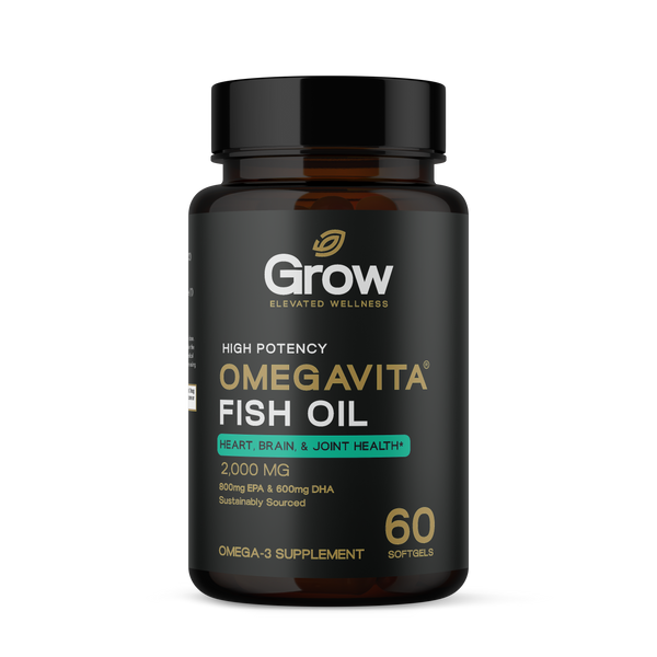 Omega-3 supplement bottle labeled 'Omegavita' on a white background