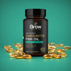 Omega-3 supplement bottle with capsules on a teal background