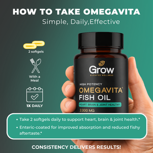 Omegavita fish oil supplement bottle held in a hand with usage instructions on a green background
