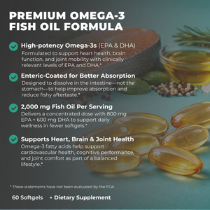 Advertisement for premium omega-3 fish oil formula with text and images of fish oil capsules.