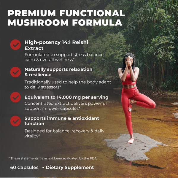 Person in red athletic wear practicing yoga with a nature background and supplement information overlay.