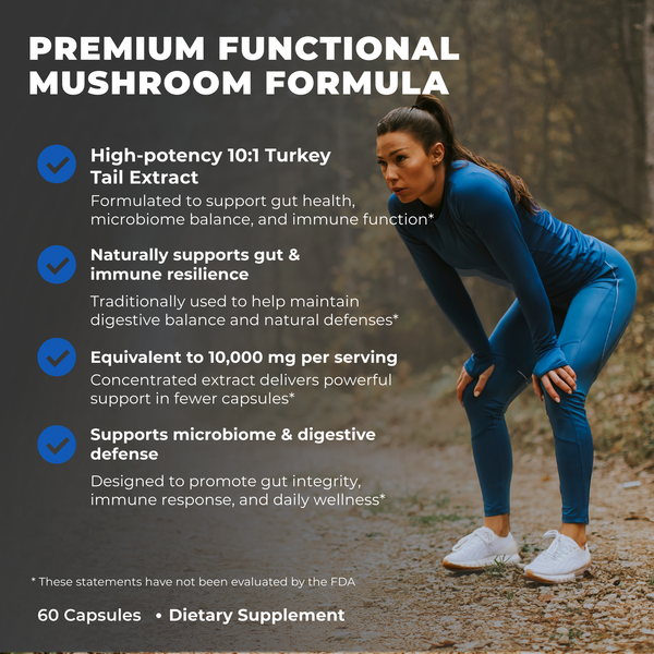 Person in athletic wear on a trail with supplement information overlay