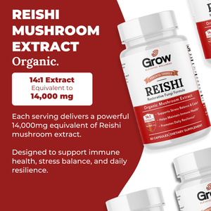 Supplement bottle labeled 'Reishi Mushroom Extract' with text on a red background