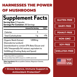 Supplement label with mushroom extract, highlighting health benefits and dietary freedoms on a red background.