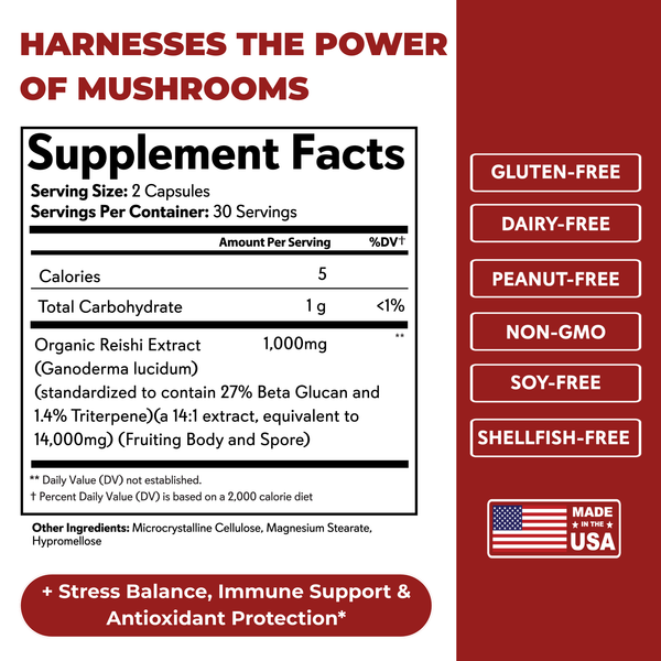 Supplement label with mushroom extract, highlighting health benefits and dietary freedoms on a red background.