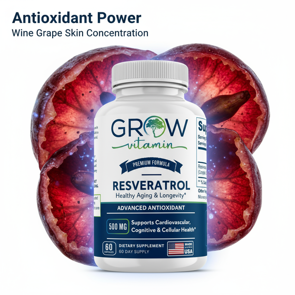 Supplement bottle labeled 'Grow Vitamin' with resveratrol on a background of sliced grapes.