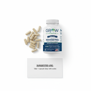 Supplement bottle labeled 'Grow' with capsules on a white background