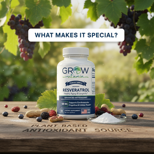 Supplement bottle labeled 'Grow' with resveratrol on a wooden surface with natural background