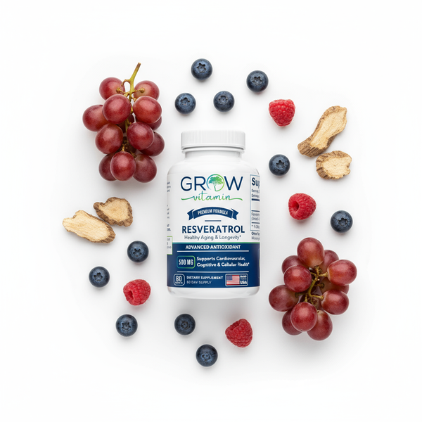 Supplement bottle labeled 'Grow' with resveratrol surrounded by fruits and roots on a white background