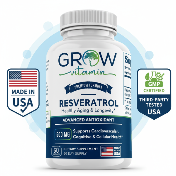 Supplement bottle labeled 'Grow Vitamin' with resveratrol on a white background