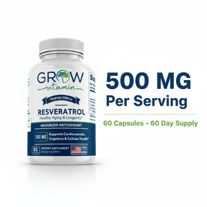 Supplement bottle labeled 'Grow Vitamin' with resveratrol on a white background