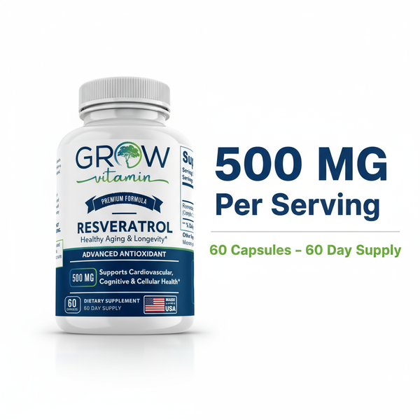 Supplement bottle labeled 'Grow Vitamin' with resveratrol on a white background