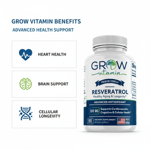 Grow Vitamin Resveratrol supplement bottle with health benefits listed on a white background