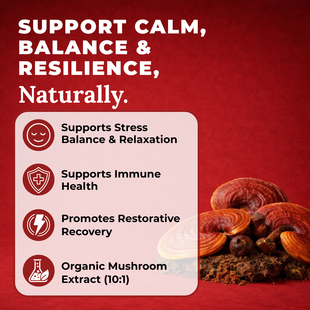 Supplement bottle labeled 'Grow' with Reishi mushrooms on a red background