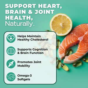 Fish, lemon, and omega-3 softgels with text on a teal background
