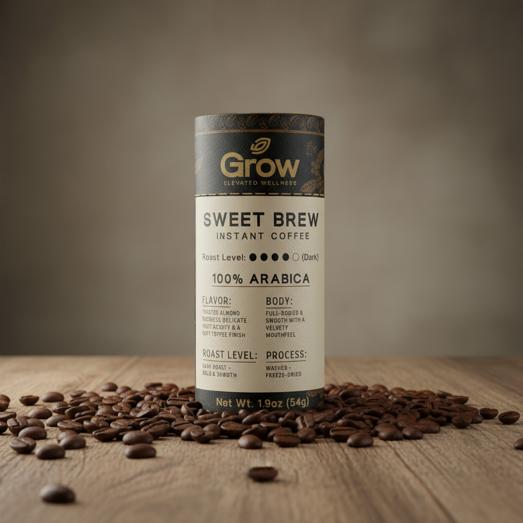Canister of 'Grow Sweet Brew Instant Coffee' surrounded by coffee beans on a wooden surface.