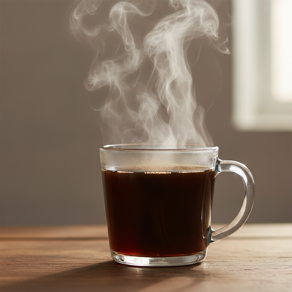 Steaming hot coffee in a clear glass mug on a wooden surface with a blurred background