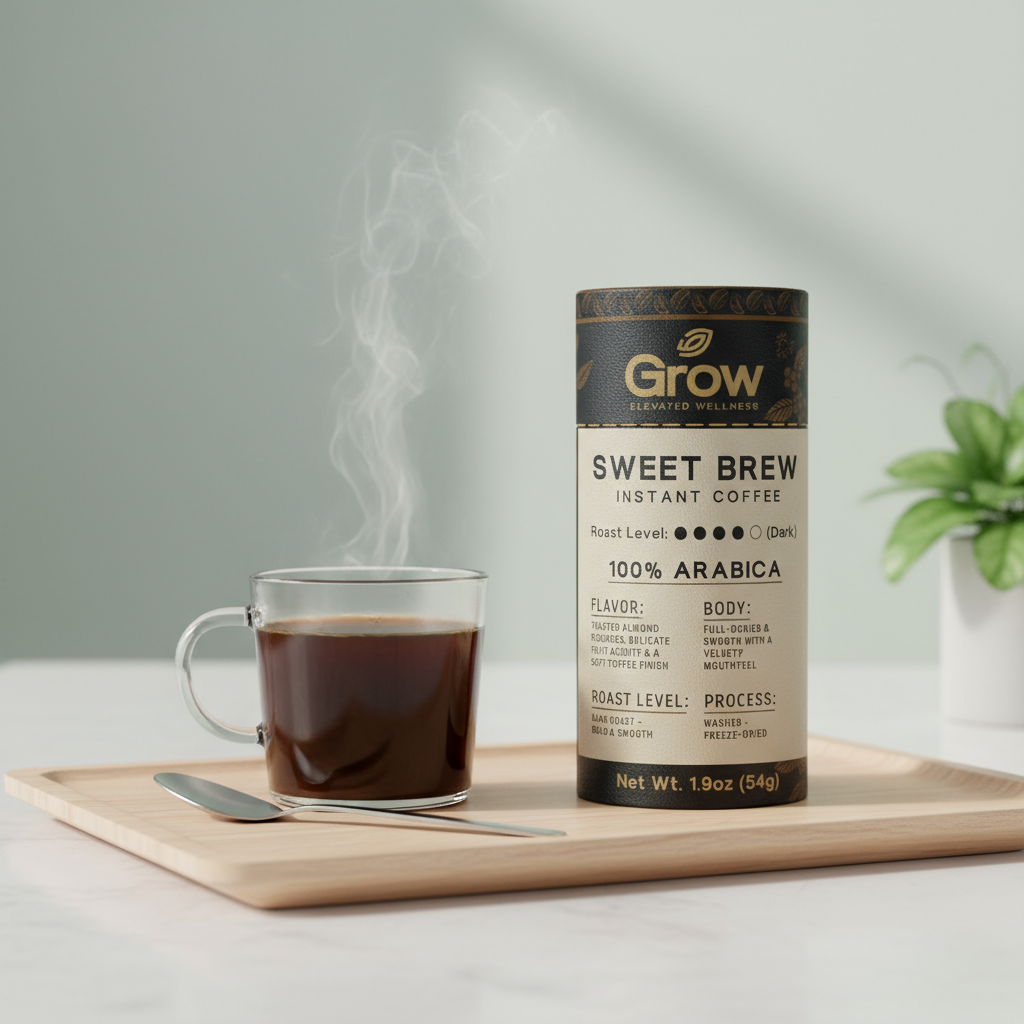 Grow Sweet Brew Instant Coffee canister with a steaming cup of coffee on a wooden tray.