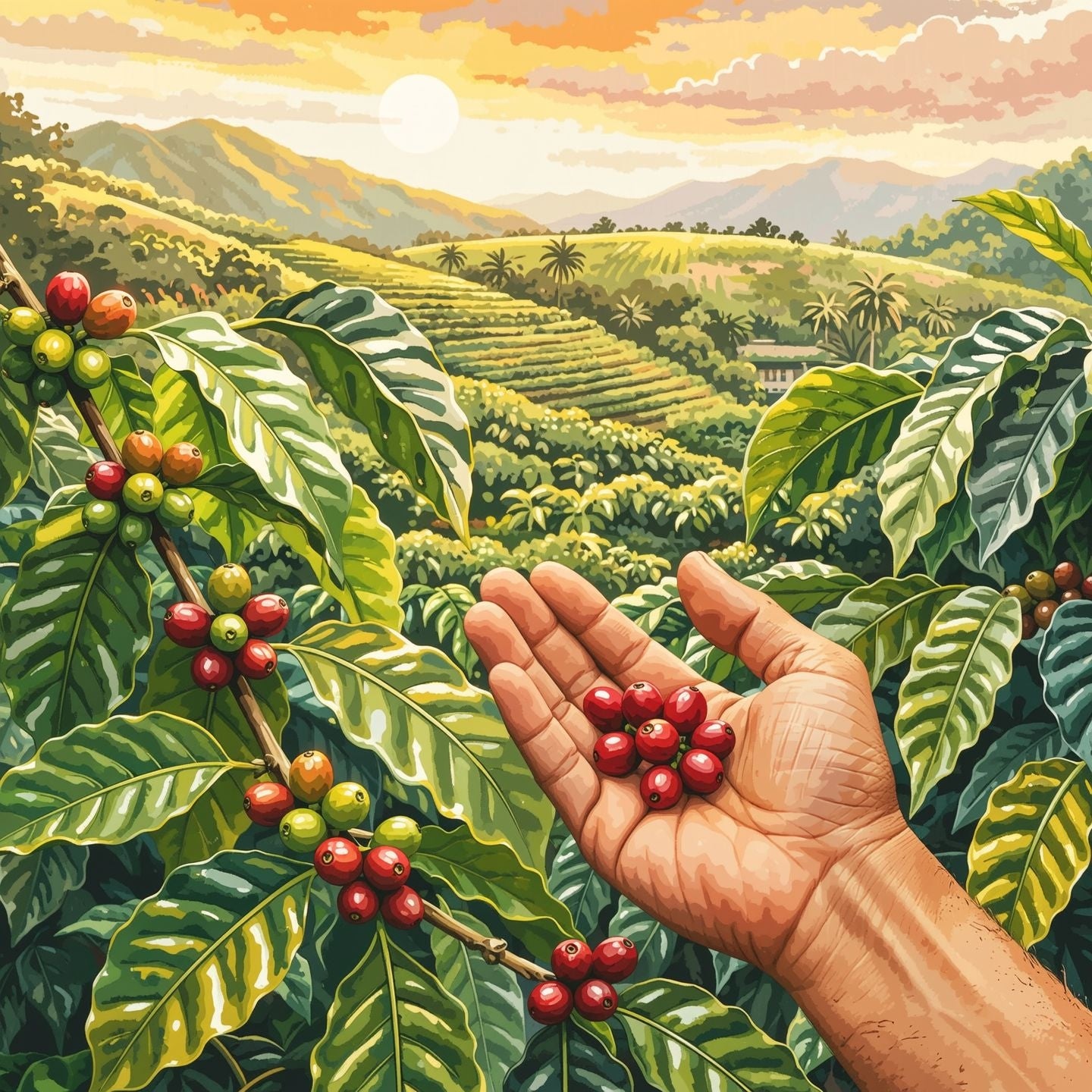Hand holding coffee berries with coffee plantation and mountains in the background