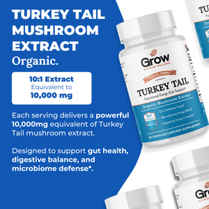 Supplement bottle labeled 'Grow' with turkey tail mushroom extract on a blue background