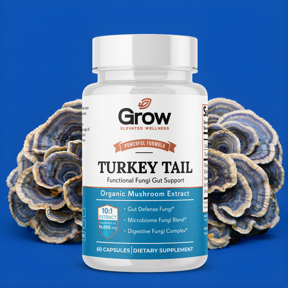 Supplement bottle labeled 'Grow' with turkey tail mushrooms on a blue background